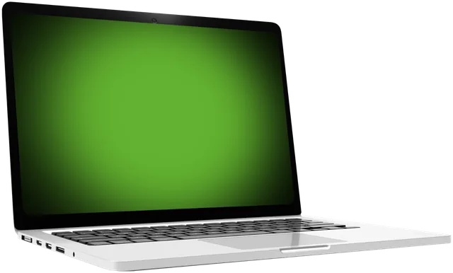 Aufgeklapptes Notebook mit grünem Bildschirm, freigestellt